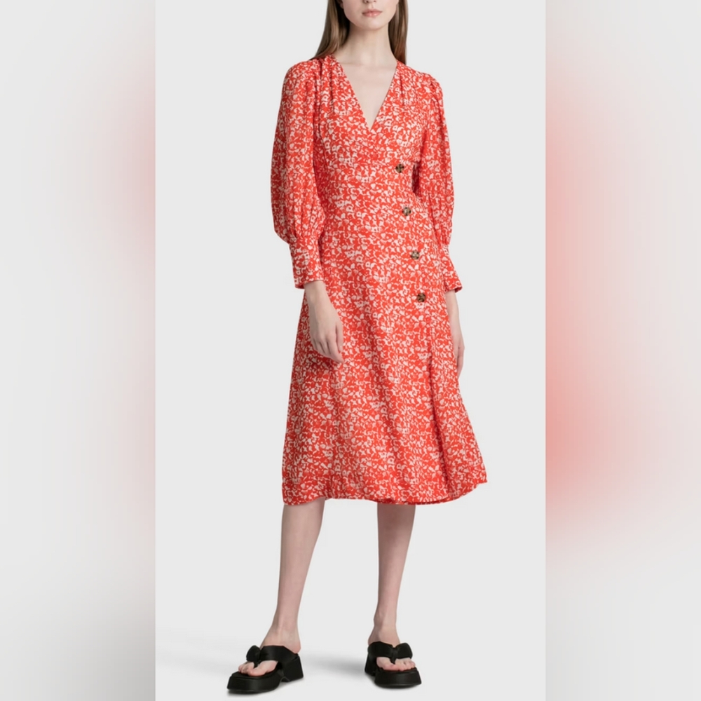 NWT GANNI Crepe Button Wrap Midi Dress
